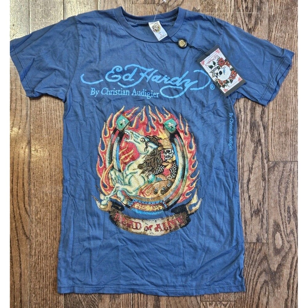 Ed Hardy Christian Audigier Dead or Alive Mens Sz S NWT Rhinestone Horse T Shirt